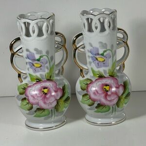 Set Of 2 Occupied Japan Porcelain Vase Flowers Gold Rim Double Handled 6”